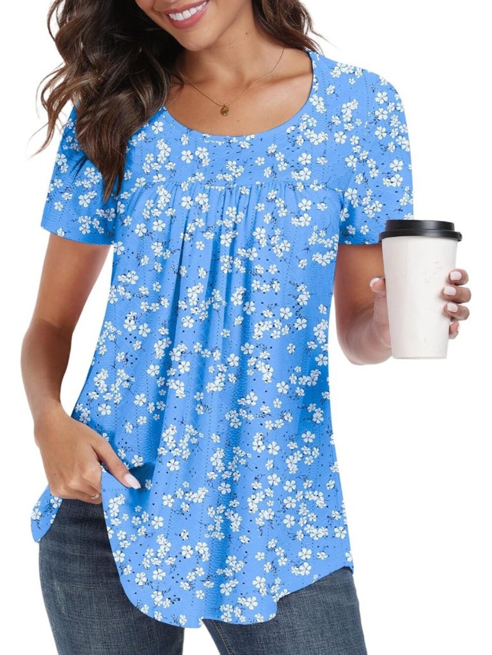 Women's Floral Blue 1 Crew Neck Short Sleeve Summer Casual Loose Fit Tunic Tops